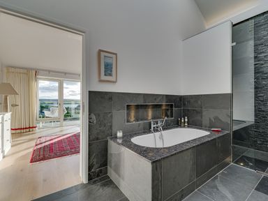A bathroom with a bathtub and shower next to a room with a red rug and large windows at Landers Field in Rock