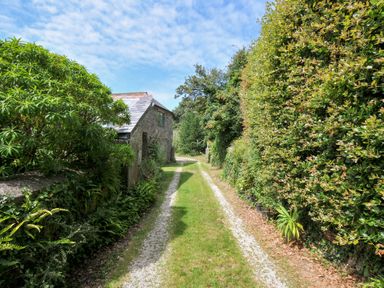 A path leading to a house surrounded by hedges and plants at Orchard Cottage in Polzeath