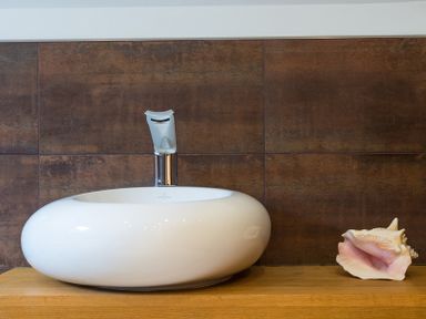 A white oval sink with a chrome faucet and a conch shell on a wooden countertop with brown tiled wall at Upper Deck in Rock