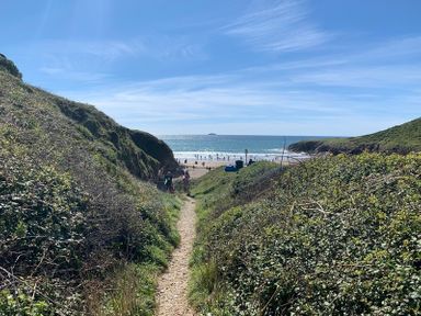 A pathway through green bushes leading to a beach with people and the ocean at Egloskerry in New Polzeath