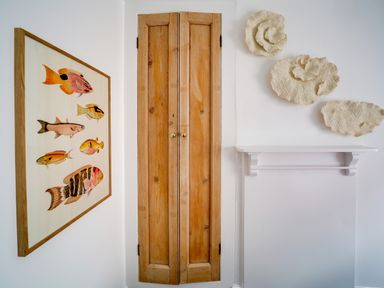 A wooden cabinet door between a framed fish illustration and three wall-mounted coral decorations at Grey Roofs in Port Isaac
