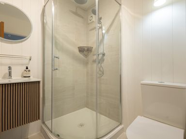 A bathroom with a corner shower enclosure sink with mirror and a toilet at Westward 8 Polzeath
