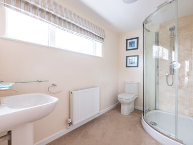 A bathroom with a sink a toilet a shower and two framed pictures on the wall at Flaad House in Rock