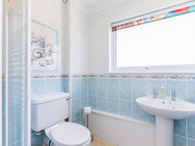 A bathroom with a toilet, pedestal sink, window with patterned blind, and blue sea shell themed tiles at Gulland in Port Isaac