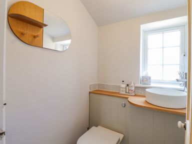 A bathroom with a toilet a round white sink a wooden countertop and a wall mirror at Bluebird Cottage in Newmarket