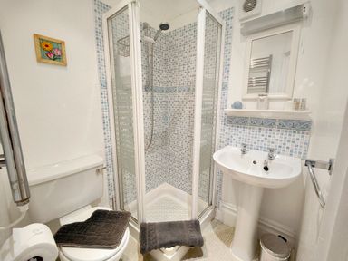 A bathroom with a shower cubicle a toilet a sink with a mirror and towel rail at Squirrel Lodge in Keswick