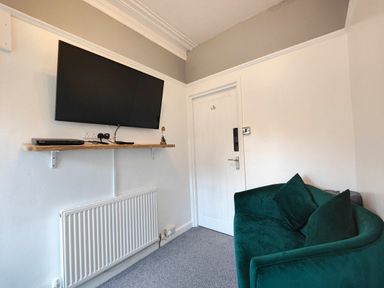 A room with a wall-mounted TV above a wooden shelf a green sofa and a white door at Squirrel Lodge in Keswick