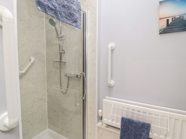 A bathroom shower area with a glass door a handheld showerhead grab bars a radiator with a towel hanging and a wall picture at Islestone 1 Temperance Terrace Berwick-Upon-Tweed