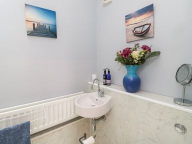 A small bathroom with a wall-mounted sink a blue vase with flowers on a shelf and two framed pictures on the wall at Islestone 1 Temperance Terrace Berwick-Upon-Tweed