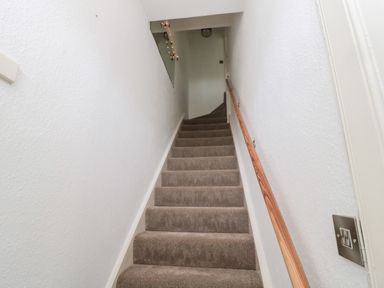 A carpeted staircase with a wooden handrail and white textured walls at Islestone 1 Temperance Terrace in Berwick-Upon-Tweed
