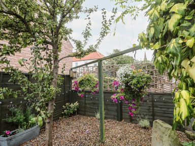 A small garden with a tree hanging flower baskets a stone and wooden fence at Islestone 1 Temperance Terrace in Berwick-Upon-Tweed