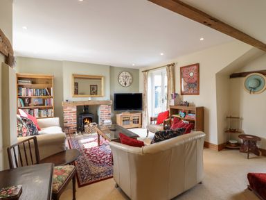 A living room with a fireplace a television bookshelves and sofas at The Old Custom House in Wangford