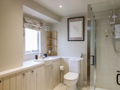 A bathroom with a sink and cabinets under a window a toilet and a glass shower enclosure at The Old Custom House in Wangford