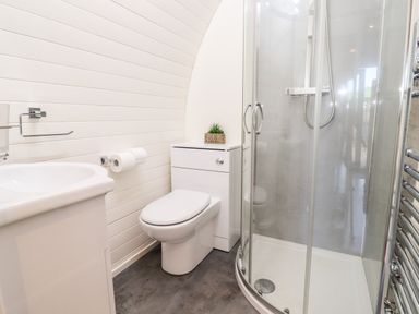 A bathroom with a sink toilet and curved glass shower at Goose Pod Near Clifton Upon Teme