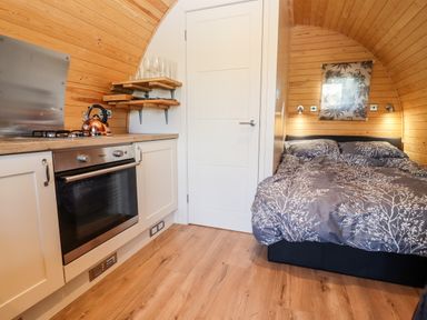 A small room with a kitchenette including an oven and stove a bed with patterned bedding and wooden paneling on the walls at Goose Pod Near Clifton Upon Teme