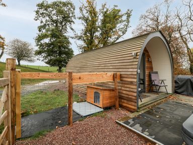 A wooden pod with two chairs on the porch and a fenced area with a dog house near trees and grass at Goose Pod Near Clifton Upon Teme