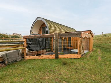 An outdoor wooden pod with fenced area on grass at Gander Pod Near Clifton Upon Teme