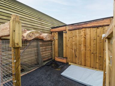 An outdoor wooden enclosure with mesh wire and a small entry door at Gander Pod Near Clifton Upon Teme
