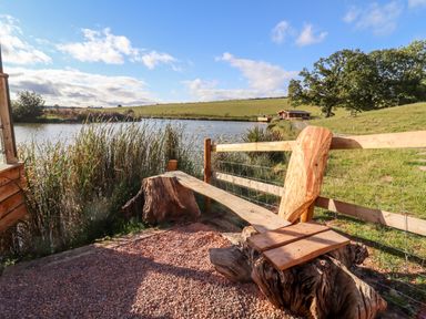 A wooden bench made from tree logs near a lake surrounded by reeds and grass at Cedar Cabin Near Clifton Upon Teme
