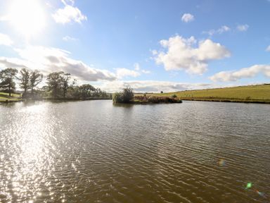 A lake with trees on the left and grassy fields on the right at Douglas Cabin Near Clifton Upon Teme