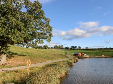 A grassy riverside path with a life ring and a wooden cabin near a lake at Douglas Cabin Near Clifton Upon Teme