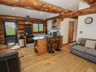 A kitchen with a countertop and dining area at Douglas Cabin at Salford Court Farm Fishing Cabins Near Clifton Upon Teme