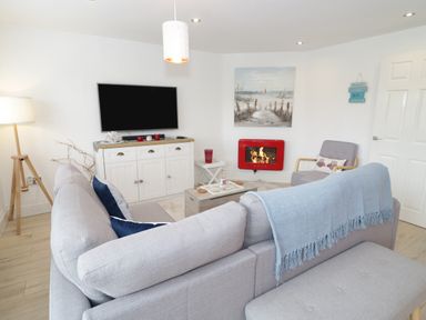 A living room with a gray sofa and blue throw blanket a wall-mounted television and a red fireplace at Cove House in Kinmel Bay