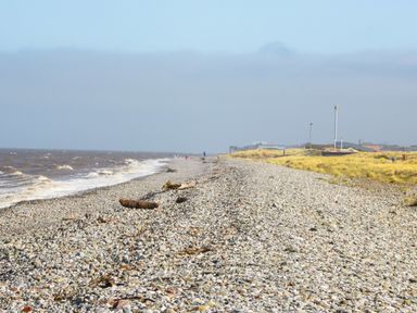 A pebble beach with scattered driftwood and waves on the shore with grassy dunes and buildings in the background at Cove House in Kinmel Bay
