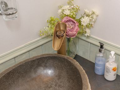 A bathroom sink with a brass faucet a vase of flowers and bottles of hand wash and hand lotion at Oaks One Swarland near Felton
