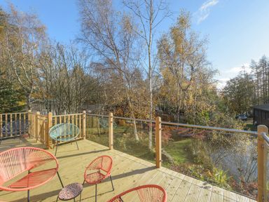 An outdoor wooden deck with colorful chairs and a glass railing overlooking trees and greenery at Oaks One Swarland near Felton