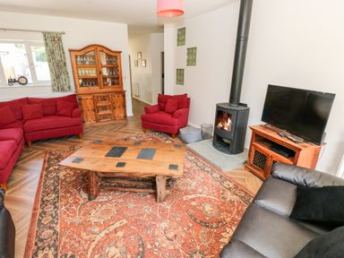 A living room with red sofas a wooden coffee table a fireplace and a television at 1 The Warren Robeston Wathen near Narberth