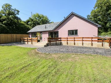 A pink house with a fenced patio area and a lawn in the front at 1 The Warren in Robeston Wathen near Narberth
