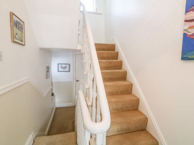 A staircase with beige carpet and white banister in a hallway with framed pictures on the walls at Number 91 in Belfast County Antrim
