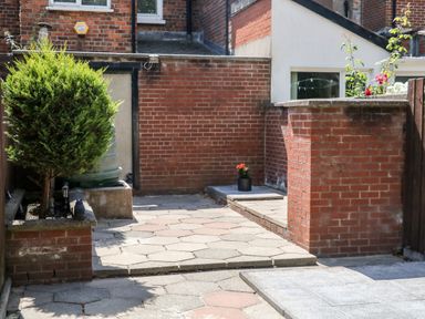 A brick paved backyard with a small tree and a flower pot at Number 91 in Belfast County Antrim