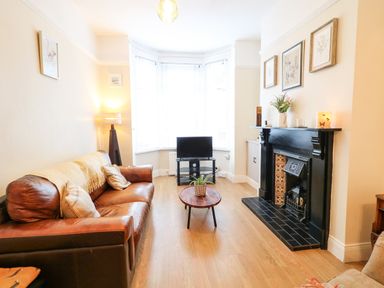 A living room with a brown leather sofa a wooden coffee table a small television on a stand and a black fireplace at Number 91 in Belfast County Antrim
