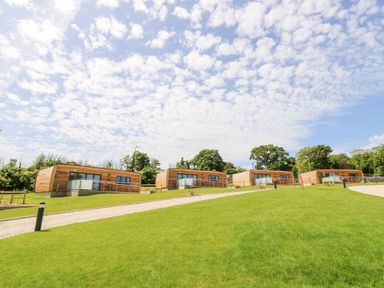 Four wooden lodges on a grassy hill with a gravel path and trees in the background at Syrah in Seaview