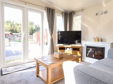 A living room with a wooden coffee table a grey sofa a television on a wooden stand and a fireplace at Hawthorn Lodge in South Lakeland Leisure Village