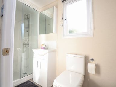 A bathroom with a shower enclosure sink with cabinet and mirror and a toilet at Hawthorn Lodge South Lakeland Leisure Village