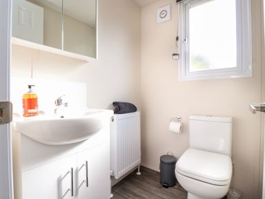 A small bathroom with a white sink and cabinet a toilet a window a radiator with a towel and a trash bin at Hawthorn Lodge in South Lakeland Leisure Village