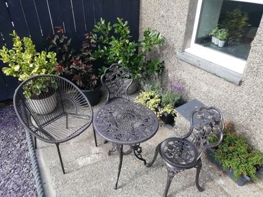 A small outdoor seating area with two metal chairs, one round chair, a metal table, and potted plants near a window at Minffordd in Trawsfynydd