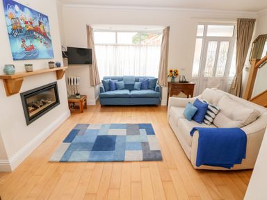 A living room with two sofas a blue rug a fireplace and a wall-mounted TV at The Headlands - Gower in The Mumbles