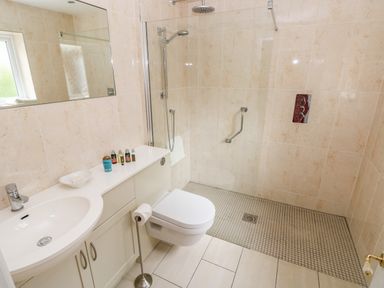 A bathroom with a sink, a toilet, a walk-in shower with a glass screen, and toiletries on the counter at The Headlands - Gower in The Mumbles