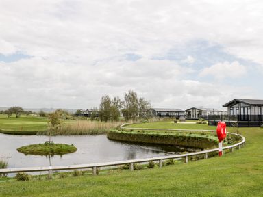 A small pond with a tree on an island near holiday homes and a grassy landscape at Number 8 Lakes View in Brean