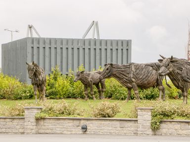 A group of wooden animal sculptures on grass in front of a grey wooden fence at Number 8 Lakes View Brean