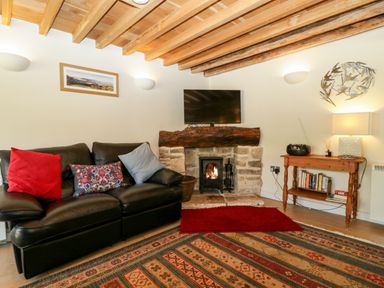 A living room with a black leather sofa cushions a fireplace with a fire a mounted television wooden ceiling beams and a wooden table with books and a lamp at Tinkley Cottage in Nympsfield near Nailsworth