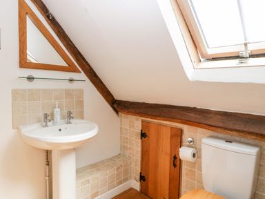A bathroom with a pedestal sink a triangular mirror a skylight window and a toilet at Tinkley Cottage in Nympsfield near Nailsworth