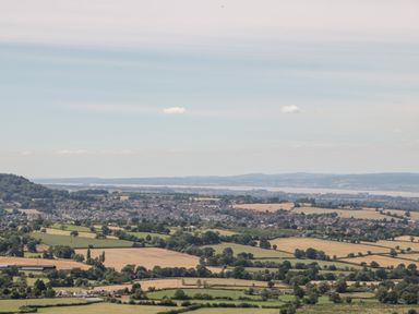 A rural landscape with patchwork fields trees and a town in the background