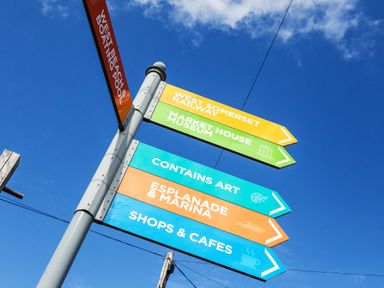 A directional signpost with arrows pointing to west somerset railway market house museum art esplanade and marina shops and cafes at Sea Spray in Watchet