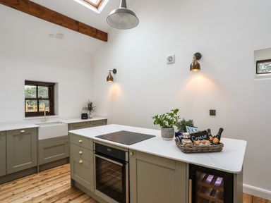 A kitchen with olive green cabinets a white countertop an oven and a basket with bottles and eggs at Yr Hen Oriel in Llanrug