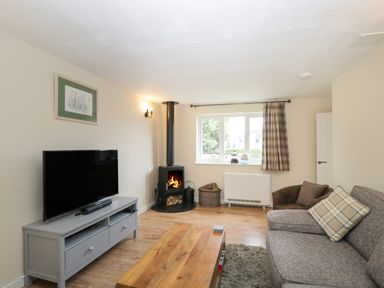 A living room with a sofa, wooden coffee table, TV on a gray stand, wood-burning stove, and window with plaid curtain at Orchard House Cottage in Malmesbury